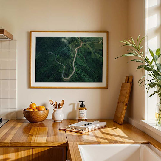 Poster Road On Green Hills Pst25200 40cm X 50cm Frame Natural Wooden Beige