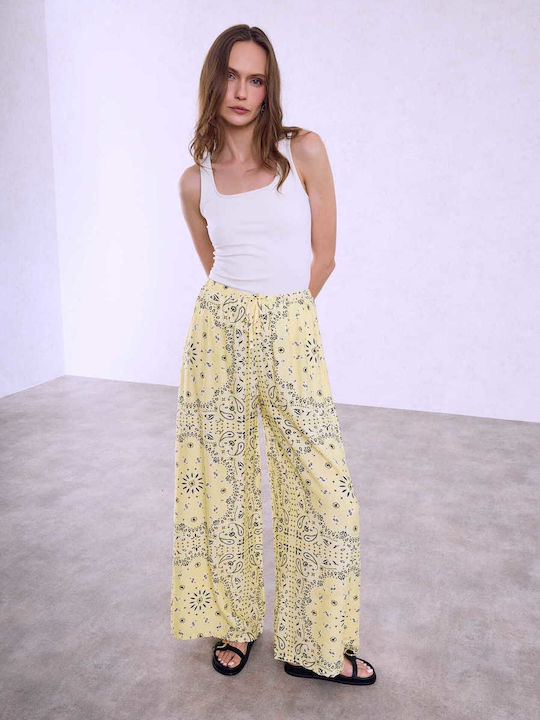 Celestino Γυναικεία Παντελόνα Εμπριμέ Λαχούρια Loose Fit Κίτρινο