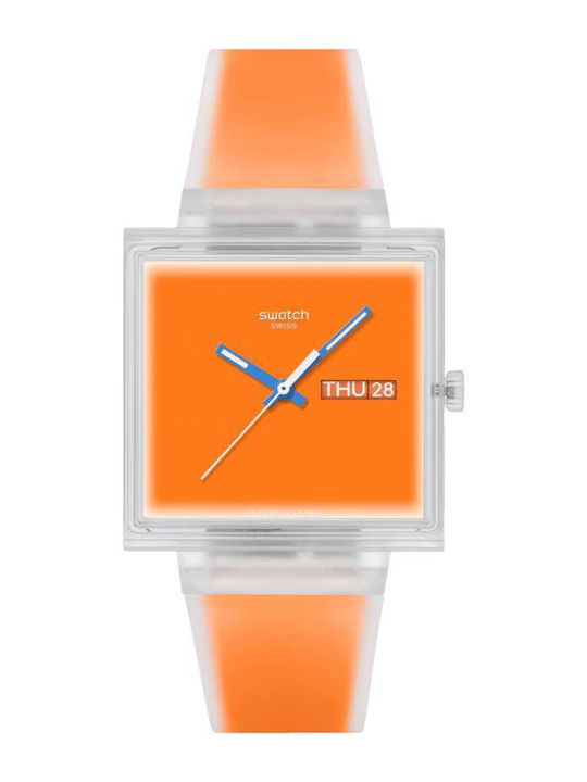 Swatch Thru Men's Battery Watch with Orange Rubber Strap