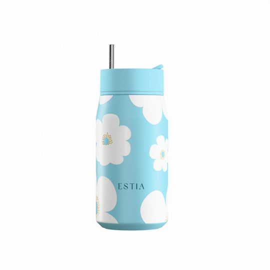 Estia Lens Save The Aegean Thermos Cup Stainless Steel BPA Free 360ml Blue Daisy with Straw