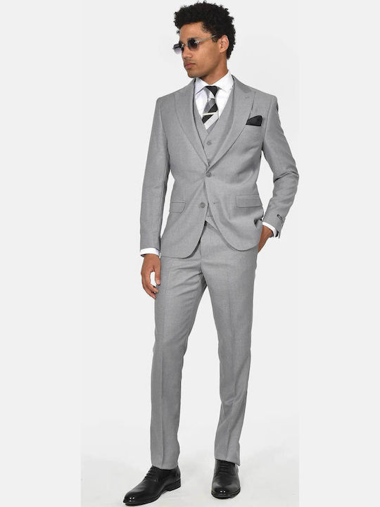 Berto Lucci Men's Suit with Vest Slim Fit Grey