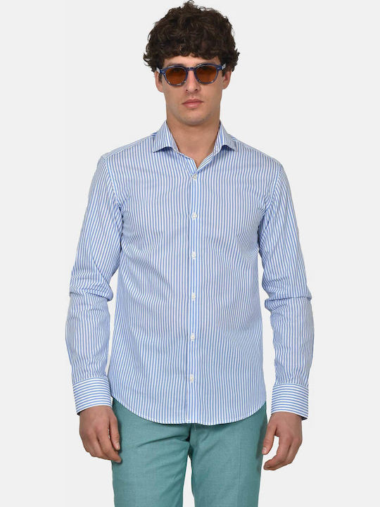 Long Sleeve Cotton Shirt in Regular Fit Striped Light Blue
