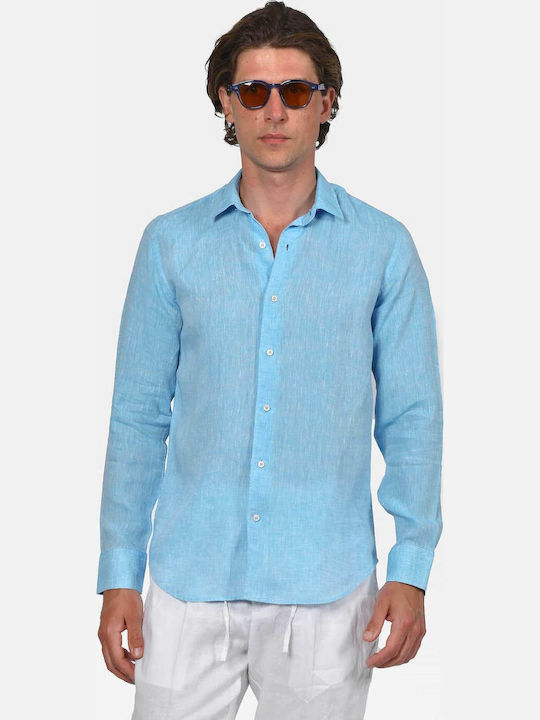 Long Sleeve Linen Shirt in Regular Fit Turquoise