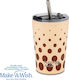 Nava We Care Thermosflasche Rostfreier Stahl / Kunststoff BPA-frei 350ml Braune Punkte mit Stroh