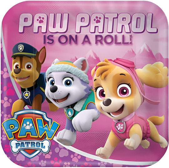 Ροζ Τετράγωνα Πιάτα Φαγητού Paw Patrol 8 Τεμ