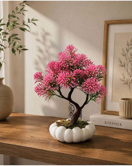 Stewehome Artificial Bonsai Pink Chrysanthemum White Glass Pot Decorative Artificial Flower Pink