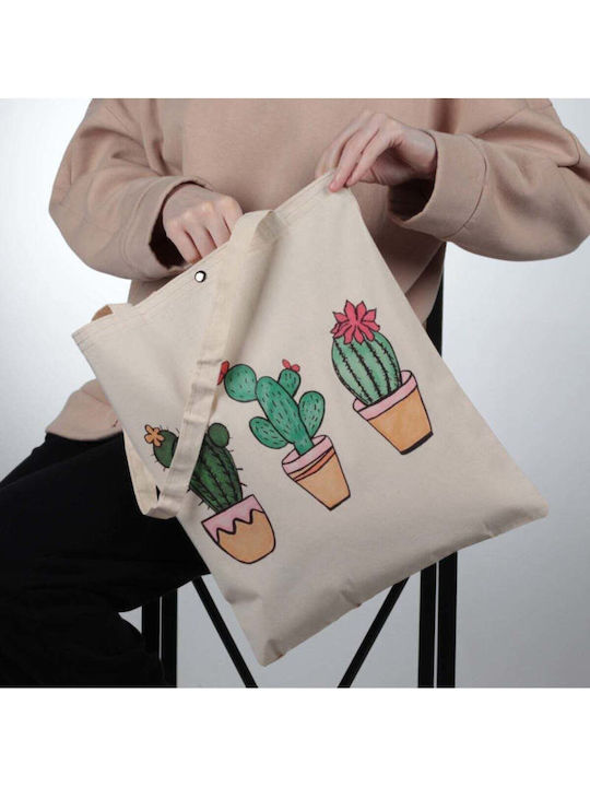 Enpapa Thick Fabric Shopping Bag Clip Closure Cactus Design Beige 35x40 Cm