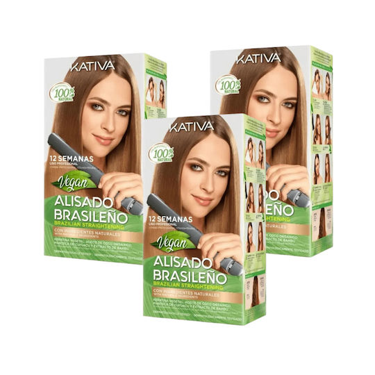 Brazilian Vegan Straightening Kit Kativa X 3 Bundle Complete Brazilian Straightening Smoothing Treatment Keratin Soft Straight Hair Up to 12 Weeks
