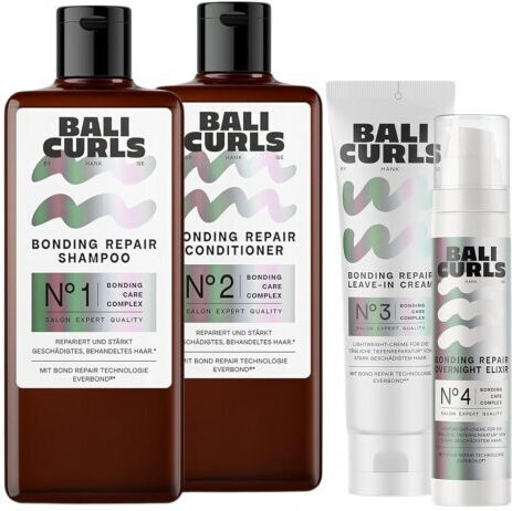Bali Curls Set de Reparare Bonding pentru Păr Creț Rutina în 4 Pași Curls Deteriorate Șampon Balsam Tratament Leave-in Elixir de Noapte