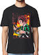 T-shirt Anime Character Illustration Flames Sword Katana Pop Culture Black