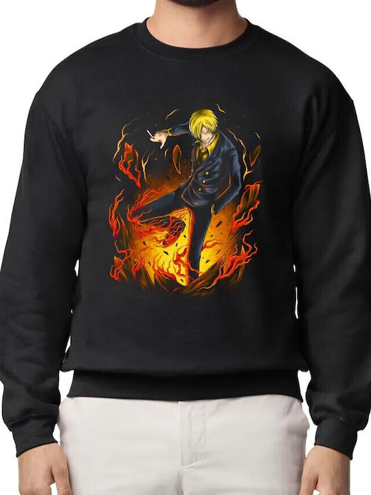 Rundhals Sanji Brennende Aura One Piece Anime Design Bedruckte Blusen Schwarz