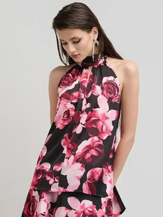 Women's Satin Sleeveless Blouse with Neck Tie Floral Fuchsia