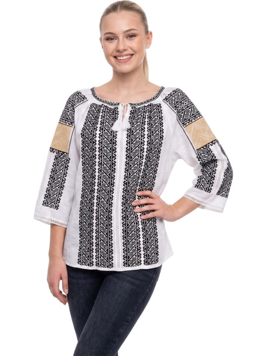 Bluza Damă Bumbac Mânecă Lungă Alb/Portocaliu