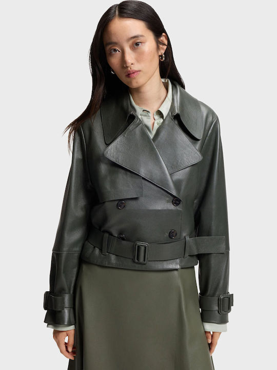 Short Leather Women's Jacket for Winter Olive
