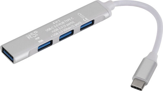 NSP N36 Hub 4 Θυρών USB 3.0 με σύνδεση USB-C Ασημί