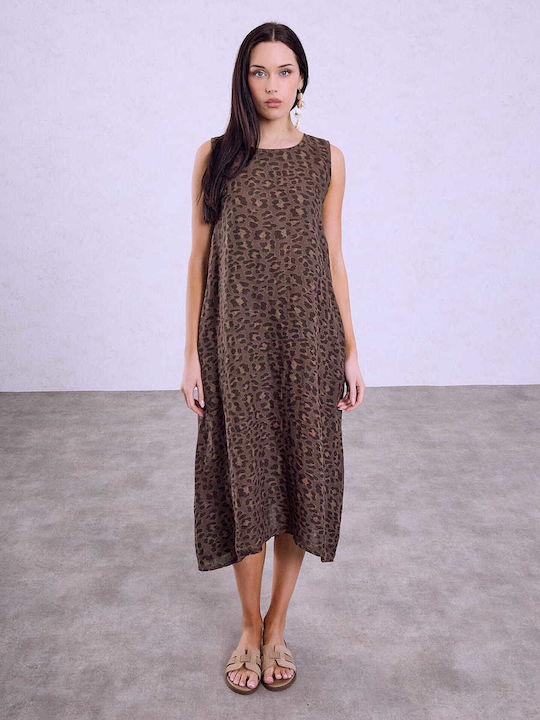 Celestino Rochie de Damă Midi Animal Print Loose Fit Maro
