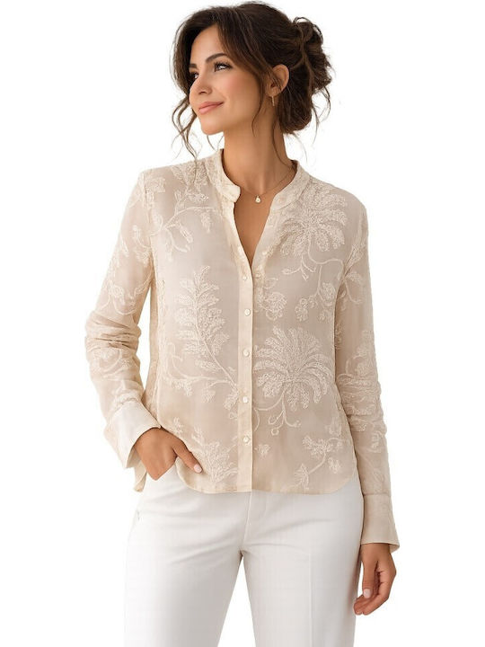 Langärmeliges Damenhemd Beige Blumen