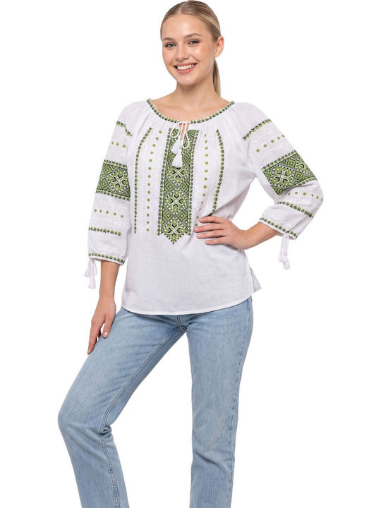 Bluza Damă Bumbac Mânecă Lungă Alb/Portocaliu