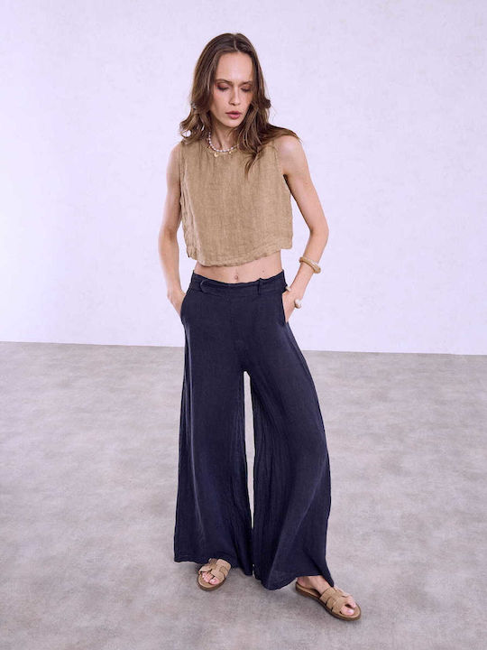 Celestino Damen-Leinenhose Mit Gummiband Loose Fit Dunkelblau