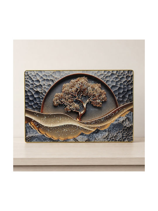 Pictură Decorativă Arbore Abstract Viață În Relief Aplicații Cristal În Cadru Auriu 60x40 Cm