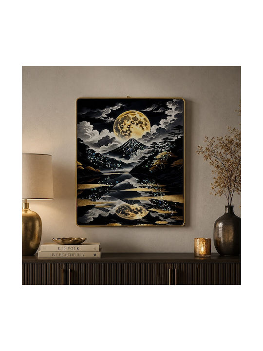 Pictură Decorativă Modernă Mount Fuji Lună Plină 3D Embosată Cristale Cadru Auriu 40x30 Cm