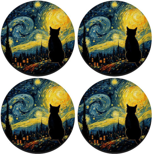 Koupakoupa Starry Night Cat Στρογγυλό Σουβέρ Ξύλινο 4τμχ