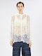 Langärmeliges Damen Denim Hemd Weiß Blumen