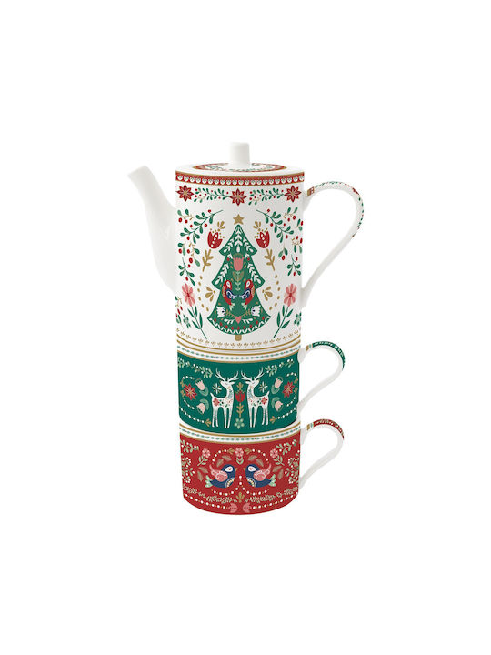 Easylife Christmas Folk Σετ Χριστουγεννιάτικες Τσαγιέρες Πορσελάνινες 3τμχ