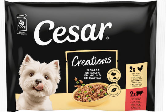 Cesar Υγρή Τροφή Σκύλων με Κοτόπουλο, Μοσχάρι και Καρότο 4x100gr