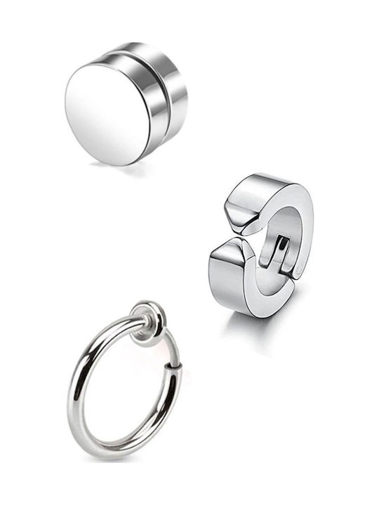 Set of Men's Steel Earrings with Black Stones