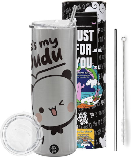 Koupakoupa He's My Dudu Handled Thermos Stainless Steel BPA Free 600ml Silver with Straw and Handle