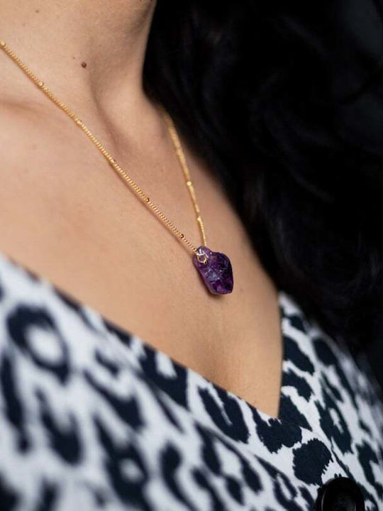 Colier Kalindi Din Pietre Naturale Ametist Brut Placat Cu Aur 18k