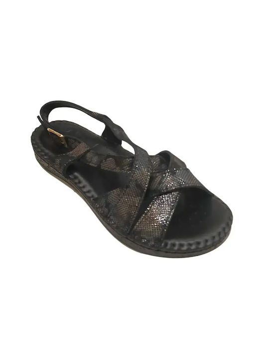 Ovvio Leder Flache Damen Sandalen Schwarz