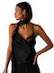 Damen Bluse Satin Drapierung mit Spaghetti-Träger Schwarz