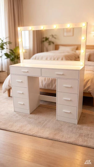 Floor-standing Bedroom Dressing Table Wooden White with Mirror 113x40x142cm