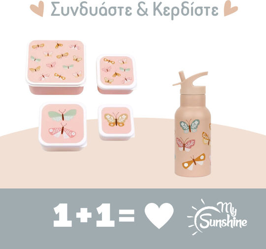 A Little Lovely Company Butterflies Stainless Steel Kids Water Bottle Set Thermos with Straw Pink 350ml