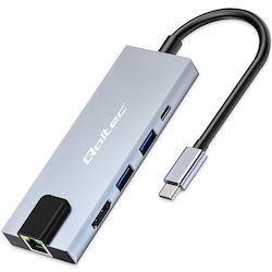 Qoltec Stație De Andocare USB-C Cu HDMI 4K PD Ethernet Argintie