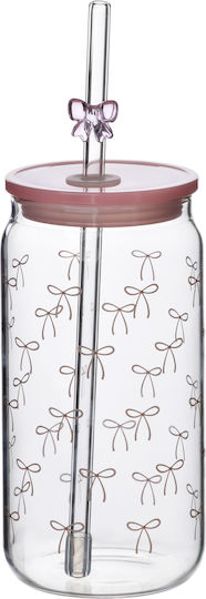 Mondex Pahar Pentru Apă Din Sticlă Roz Cu Pai 480ml HTIA9124-PROM