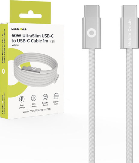 Mobile Origin Braided USB 2.0 Video Cable USB-C Male - USB-C 60W PD White 1m MO-USC-CB11-WHT