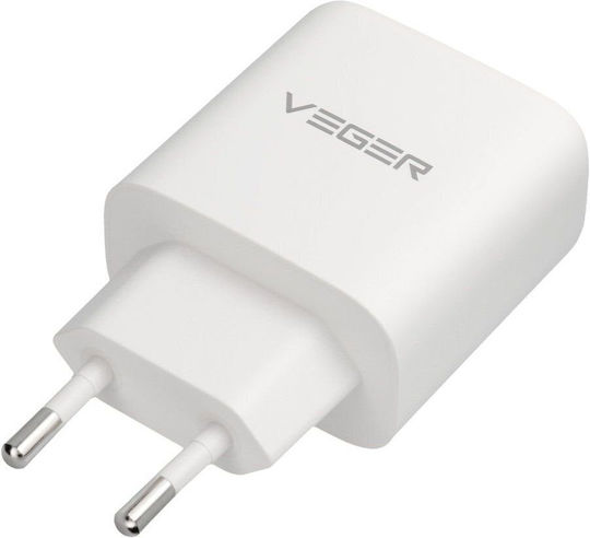 Veger Зарядно устройство с USB-A и USB-C порт и USB-C - USB-C кабел 65W Power Delivery / Quick Charge 3.0 Бял (TR67)