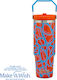 Nava We Care Becher mit Griff Thermosflasche Rostfreier Stahl 900ml Blau Print mit Stroh und Handgriff