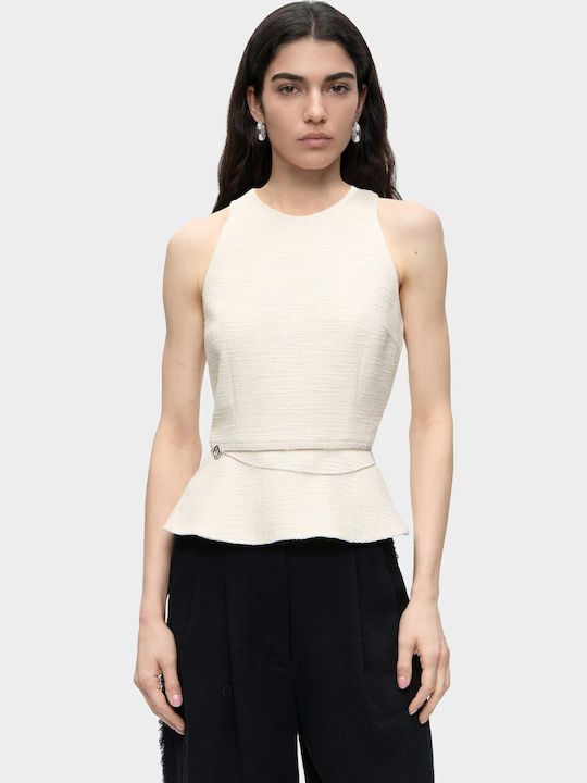 Damenbluse Baumwollarmes Top mit Reißverschluss Hell Beige