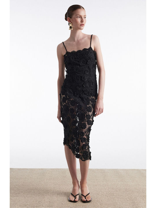 Summer Midi Evening Slip Dress with Lace and Mesh Black