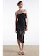 Summer Midi Evening Slip Dress with Lace and Mesh Black