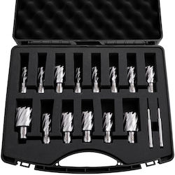 Vevor Set of Ring Cutters Kit 16 Pieces Drills Weldon Shank Mag Cutting Depth 25.4 Mm Cutting Diameter 11.11 Mm to 34.92 Mm HSS 14 Drills 2 Pilot Pins Plastic Case Magnetic Drills