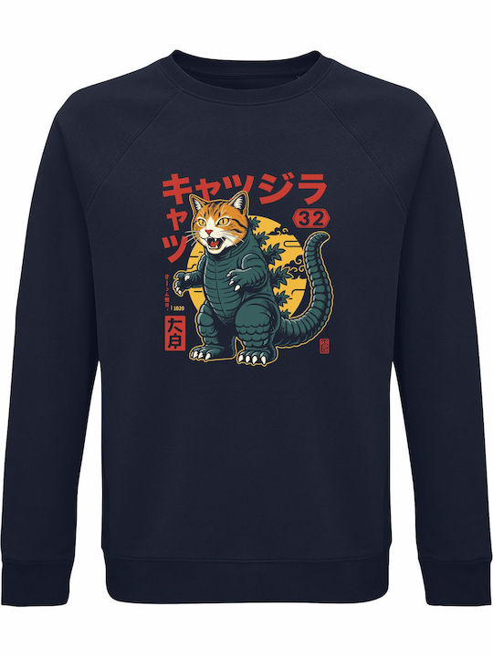 Kirikoko Bedrucktes Sweatshirt Unisex Catzilla Kaiju Monster Japan Art Marineblau