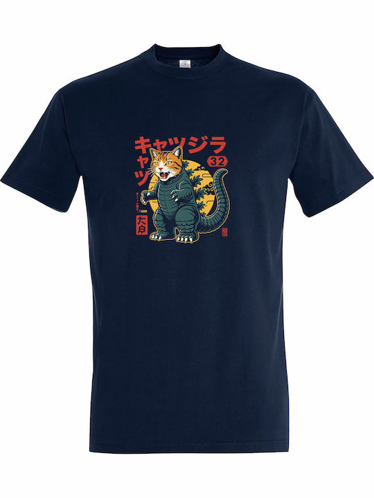 Тениска Унисекс Catzilla Kaiju Monster Japan Art Тъмносин