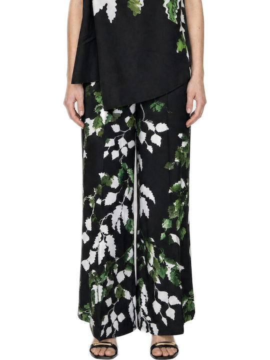 Ted Baker Γυναικεία Υφασμάτινη Παντελόνα Wide Floral Λευκο- Μαυρο- Πρασινο