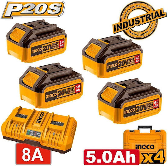 Ingco Set 4 Lithium Batterien Werkzeug 20V mit Batteriekapazität 5Ah