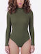 Women's Bodysuit Long Sleeve Turtleneck Khaki 1113x